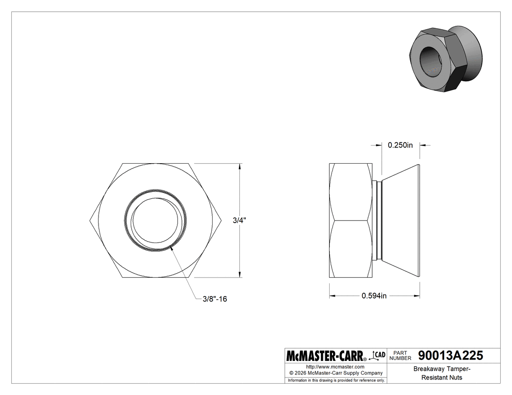 Technical Drawing of Breakaway Tamper-Resistant Nuts, Aluminum, 3/8"-16 Thread Size.